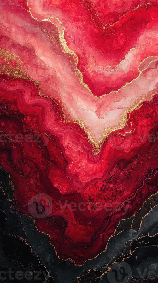 Abstract art features vibrant reds and gold swirls creating a striking heart shape in a modern design photo