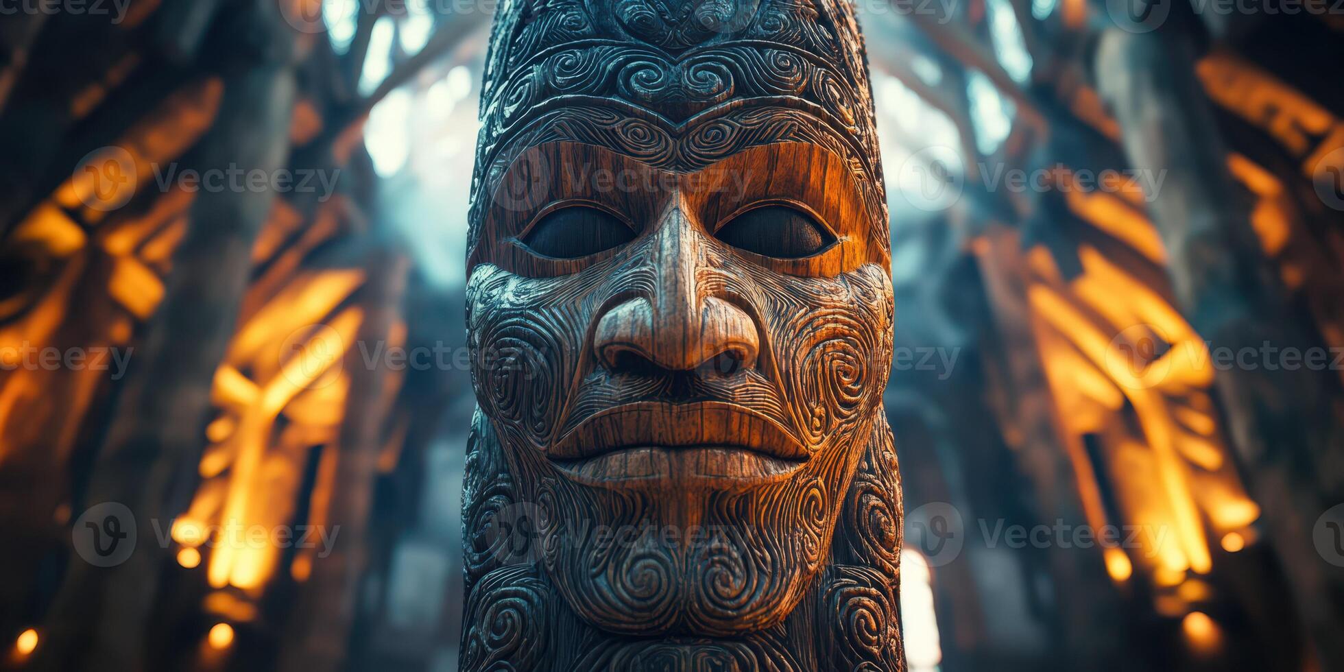 Intricate wooden carving displayed in an ancient structure with warm lighting photo