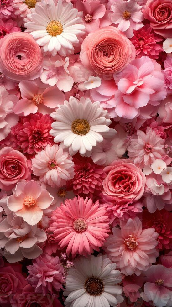 Vibrant flower arrangement featuring pink and white blooms in intricate design photo