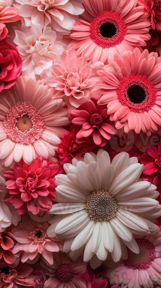 Colorful display of assorted flowers arranged in a vibrant pattern suitable for decoration and design photo