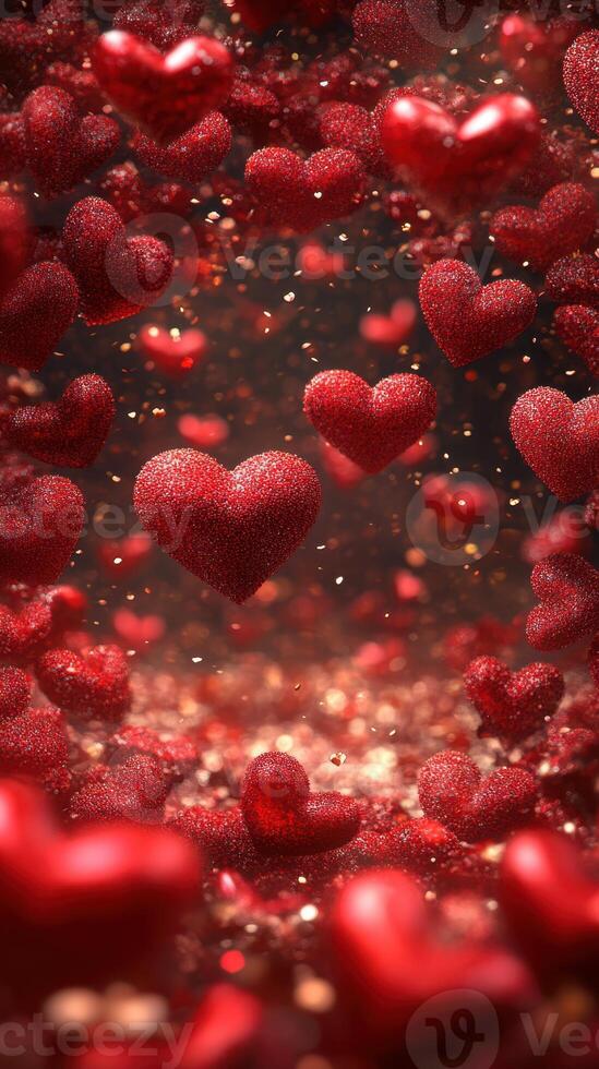 Sparkling red hearts create a romantic atmosphere in a soft glowing setting filled with glitter and warmth photo