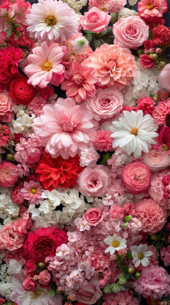 Vibrant arrangement of assorted flowers in shades of pink, red, and white evokes a joyful atmosphere for springtime celebrations photo