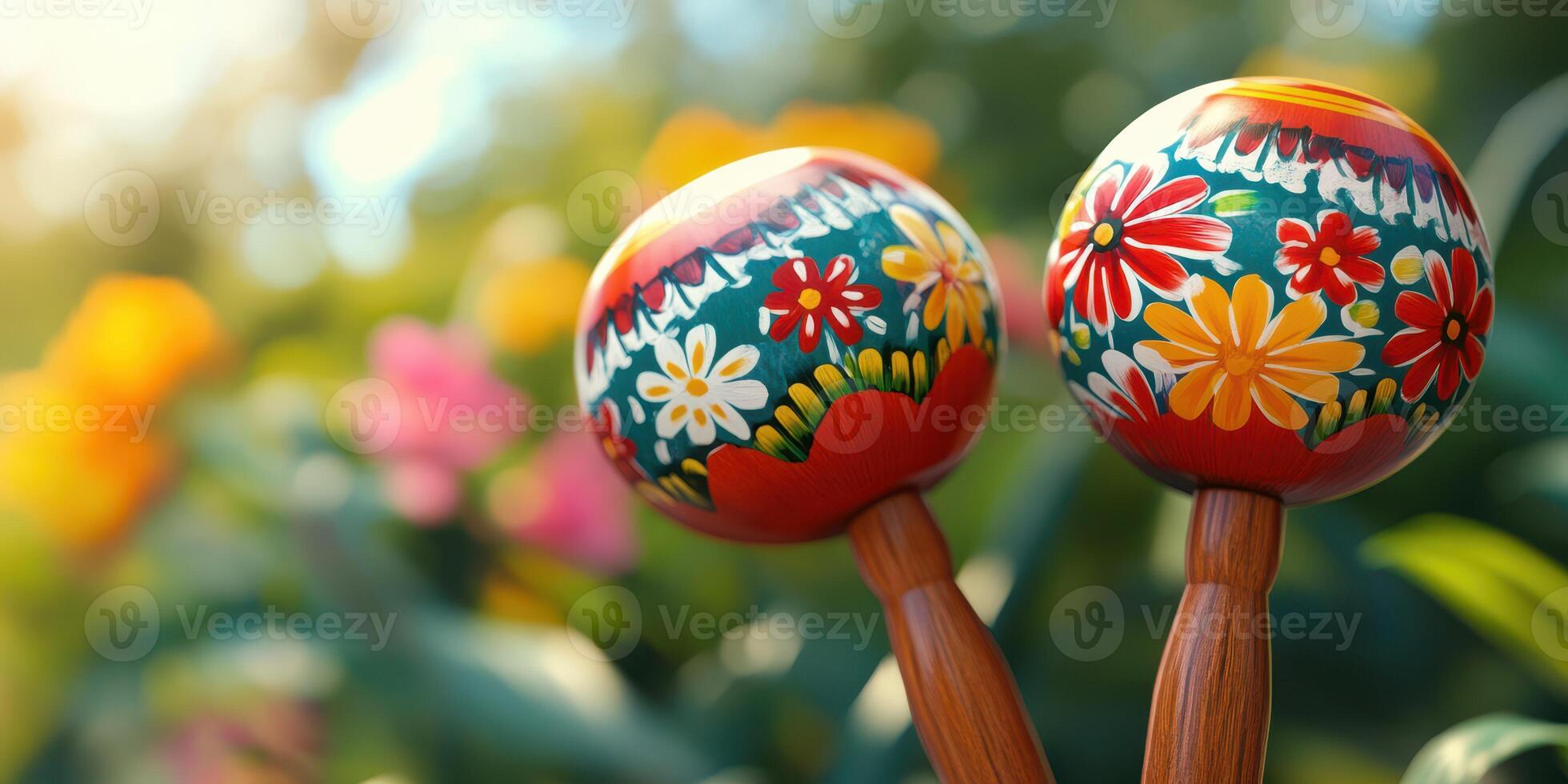 Colorful handcrafted maracas displayed in a vibrant garden setting during the golden hour of a sunny day photo