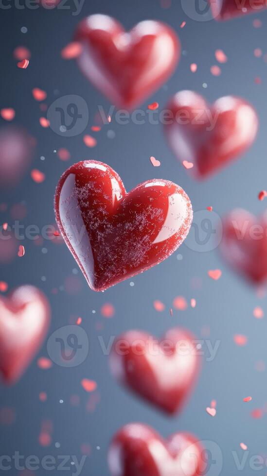 Red hearts suspended in midair against a soft blue background creating a romantic atmosphere photo