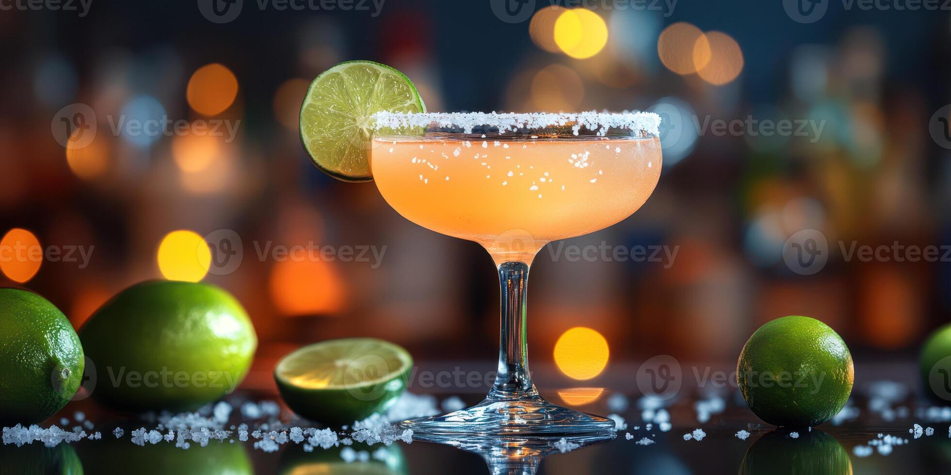 Refreshing cocktail with lime garnish served in a stylish glass at a vibrant bar setting during a lively evening photo