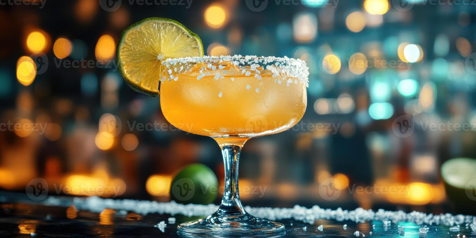 Refreshing cocktail served in a stylish glass with a lime garnish at a vibrant bar during a lively evening photo