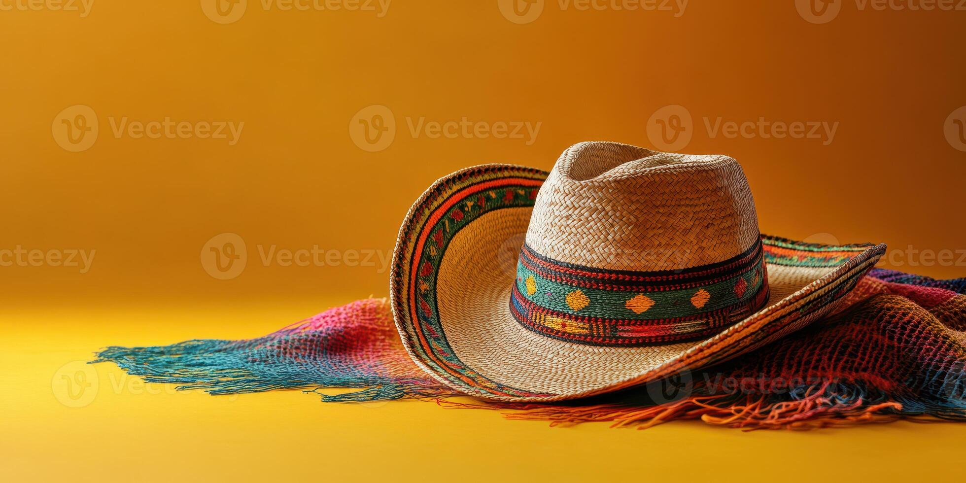 Colorful straw hat and woven blanket on an orange background highlighting traditional craftsmanship and vibrant artistry photo