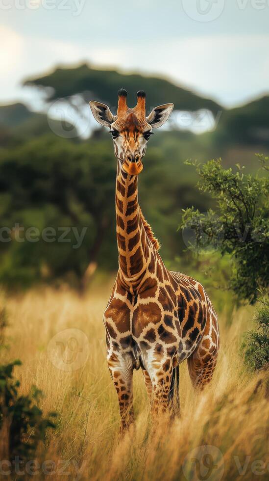 Giraffe stands gracefully in tall grass under a cloudy sky in a serene savanna setting photo