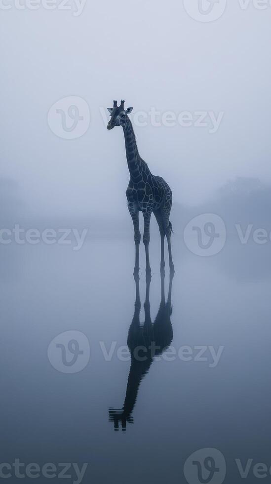 Giraffe stands majestically in foggy landscape by tranquil water at dawn photo