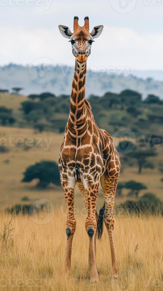 Giraffe stands gracefully in open savannah under a cloudy sky during a wildlife observation photo