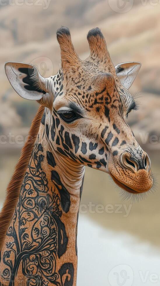 Unique close-up of a giraffe showcasing intricate patterns and markings in a natural habitat at sunset photo