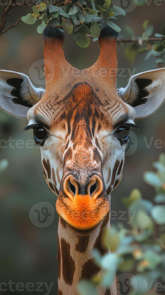 Giraffe gazing through foliage in a natural habitat at sunset highlighting its unique facial features photo