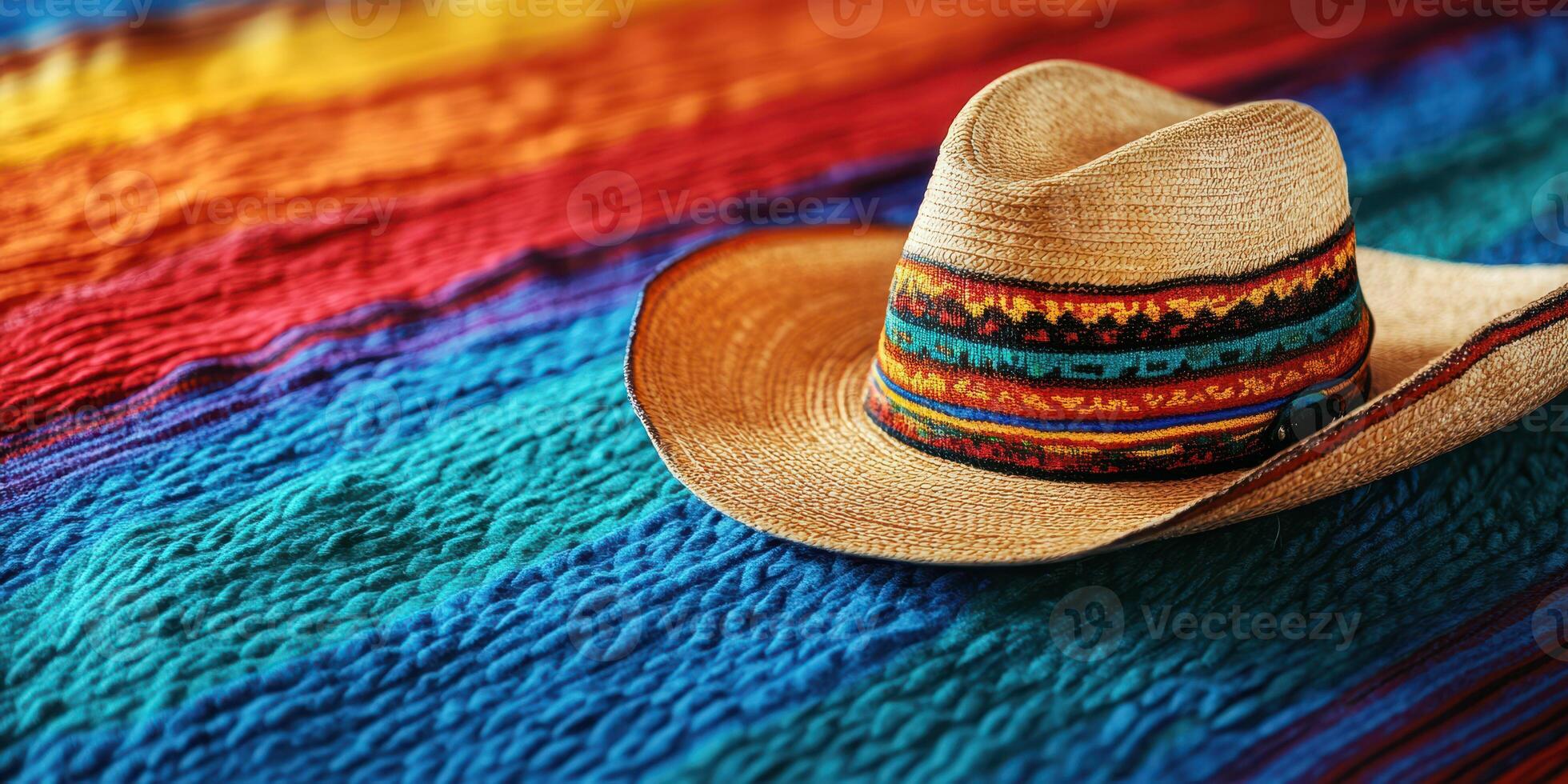 Colorful sombrero resting on a bright textile with intricate patterns in a vibrant setting photo