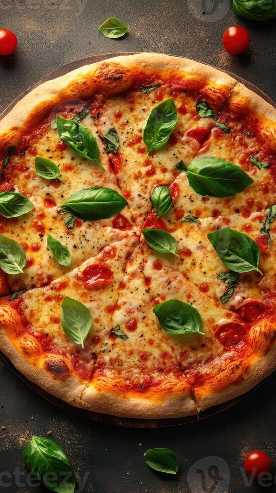 Freshly baked pizza topped with basil and cherry tomatoes on a dark background photo