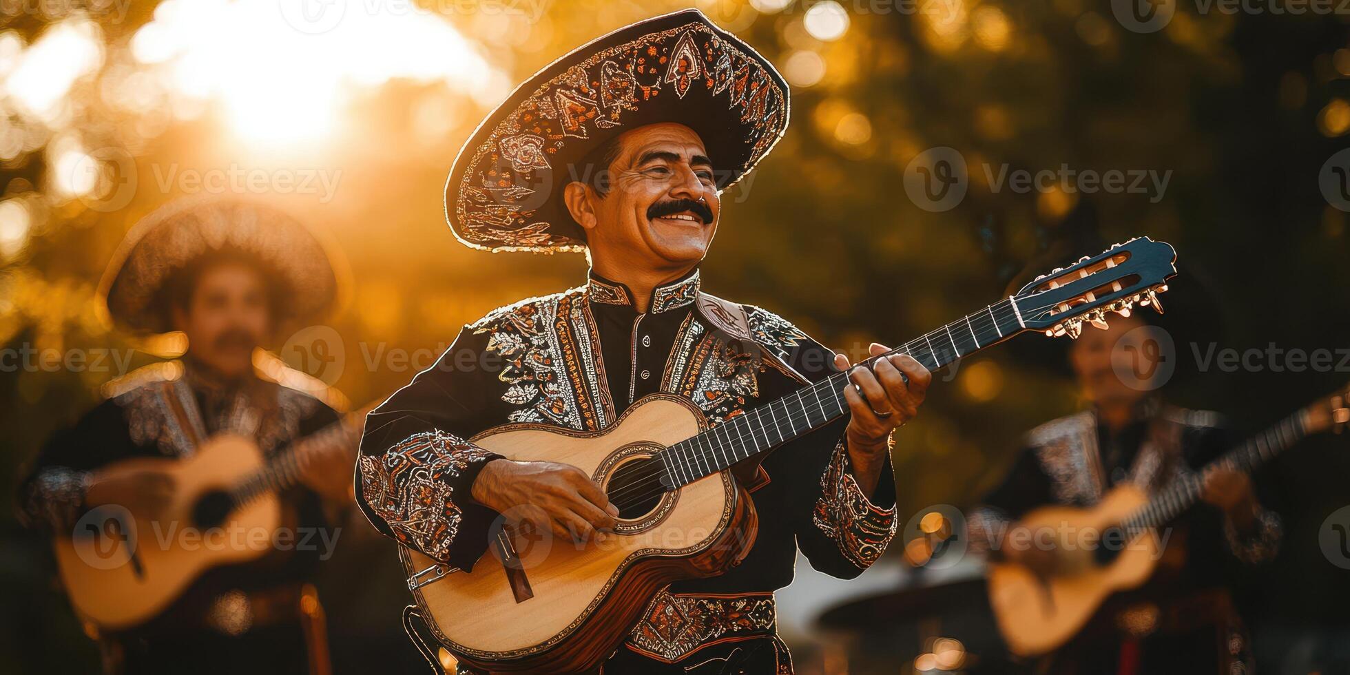 Traditional mariachi performance under sunset with musicians playing guitars and wearing colorful outfits photo