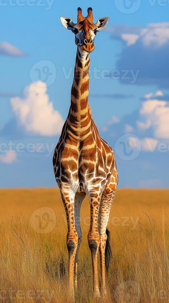 Giraffe stands tall in golden grassland under blue sky with clouds during late afternoon light photo