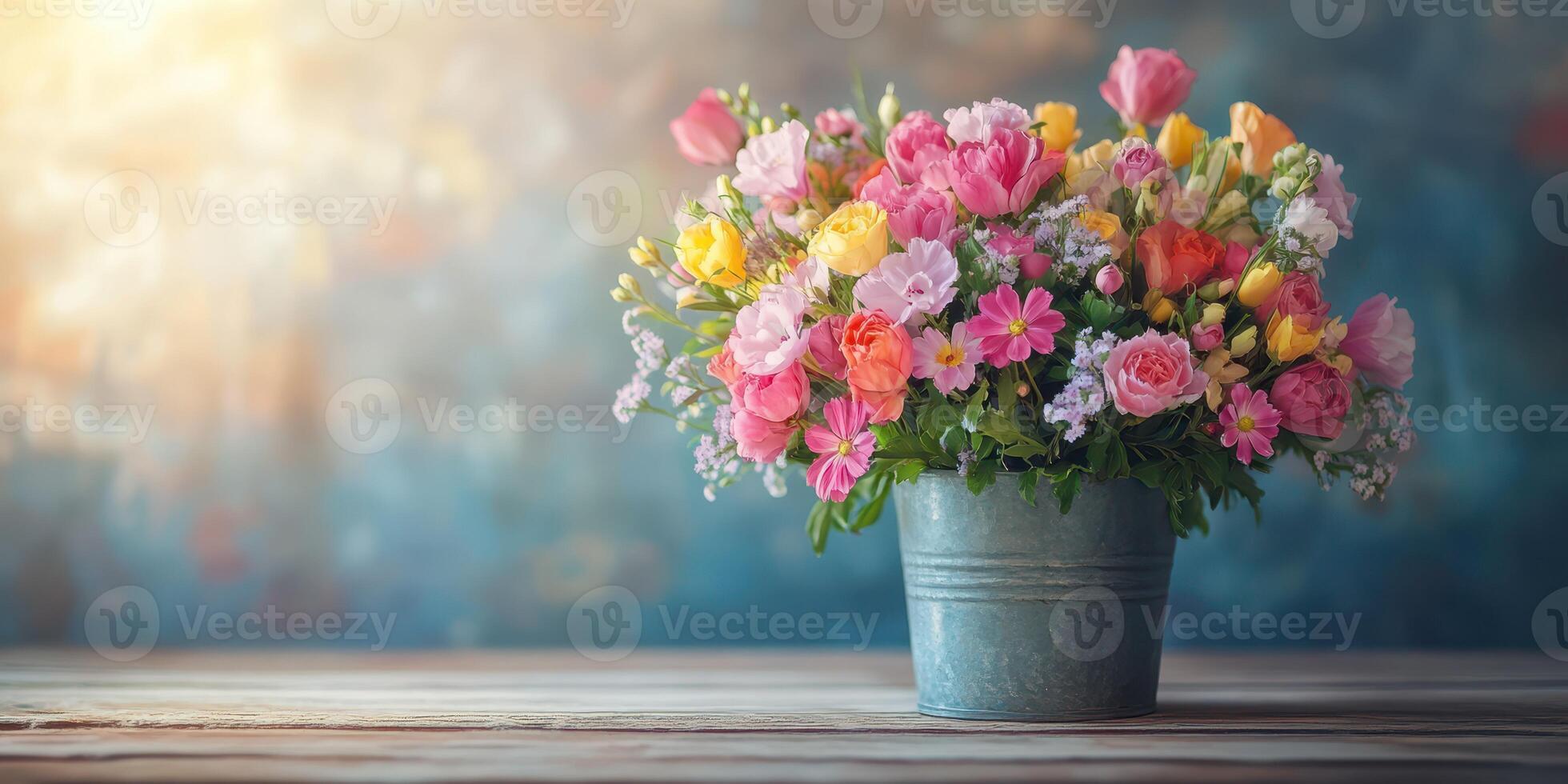Bright and colorful floral arrangement in a rustic metal bucket on a wooden table with soft lighting photo