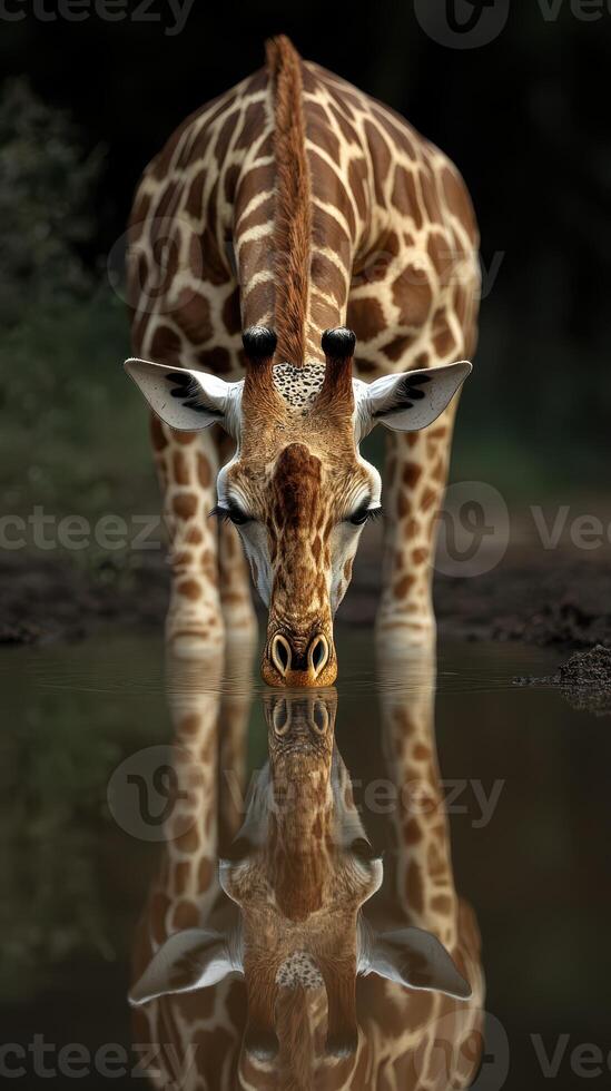 Giraffe drinks from a waterhole at dusk in a serene wilderness setting near a lush forest photo