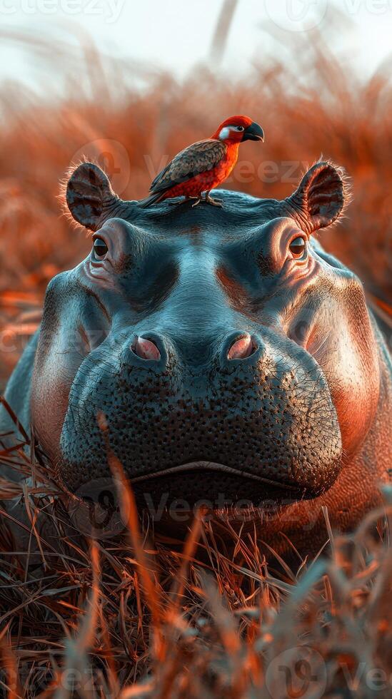 Hippo resting with a bird on its head in a vibrant grassy landscape during sunset photo