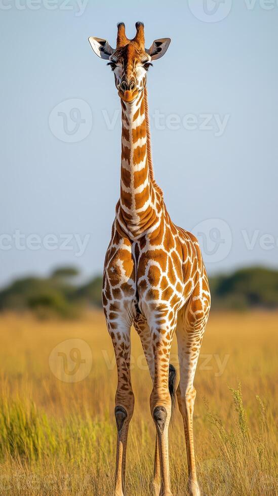 Giraffe stands tall in golden grass under a clear blue sky during the afternoon in an African savanna photo