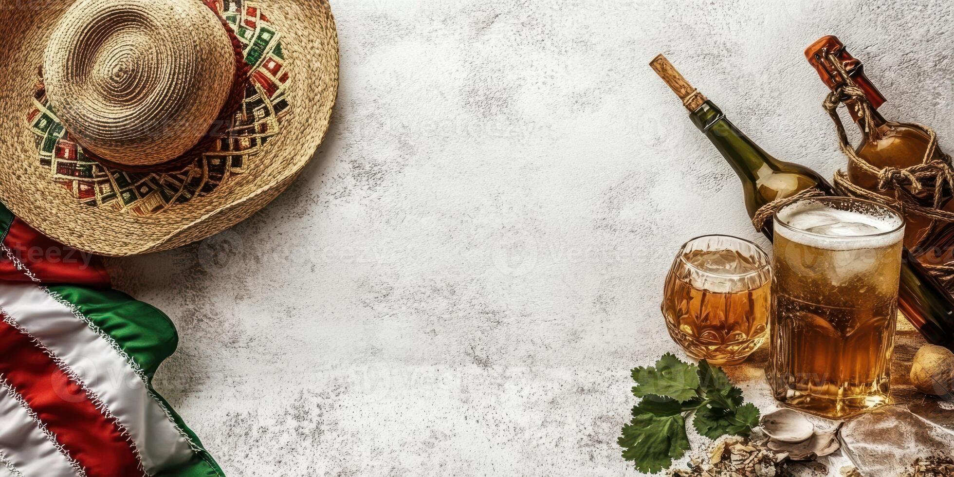 Celebratory Mexican fiesta setup with drinks, a straw hat, and decorative elements in a festive atmosphere photo