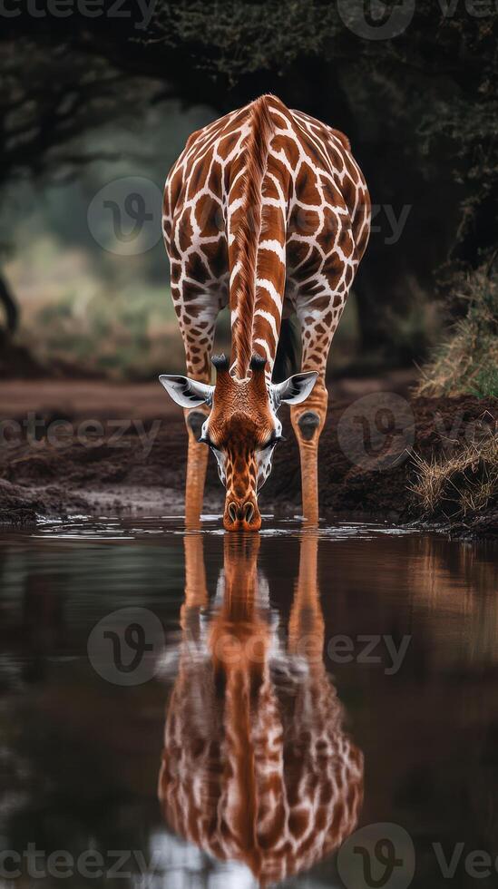 Giraffe drinking water from a serene pond in the wilderness during the golden hour of sunset photo