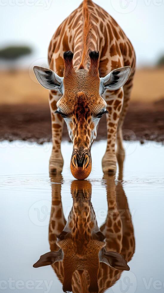 Giraffe drinking water at a serene waterhole during dusk in the African savanna photo
