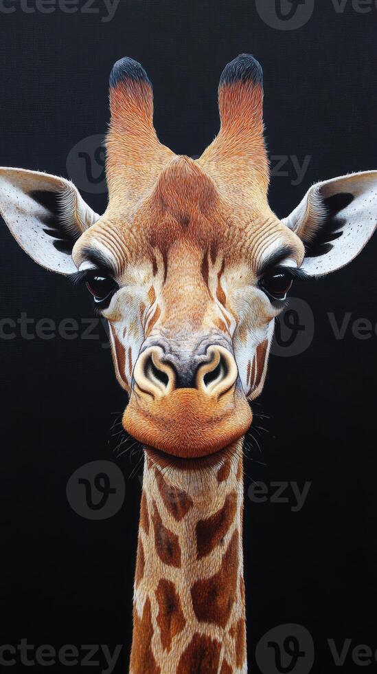 Giraffe portrait displaying vibrant texture and detail against a dark background photo