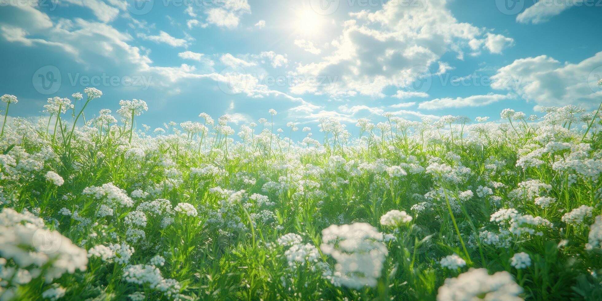Bright sunny day over a vast field of white flowers under a blue sky with fluffy clouds photo