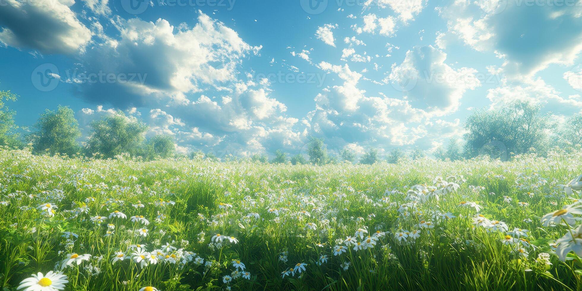 Expansive field of daisies under a bright blue sky with scattered clouds during the afternoon photo
