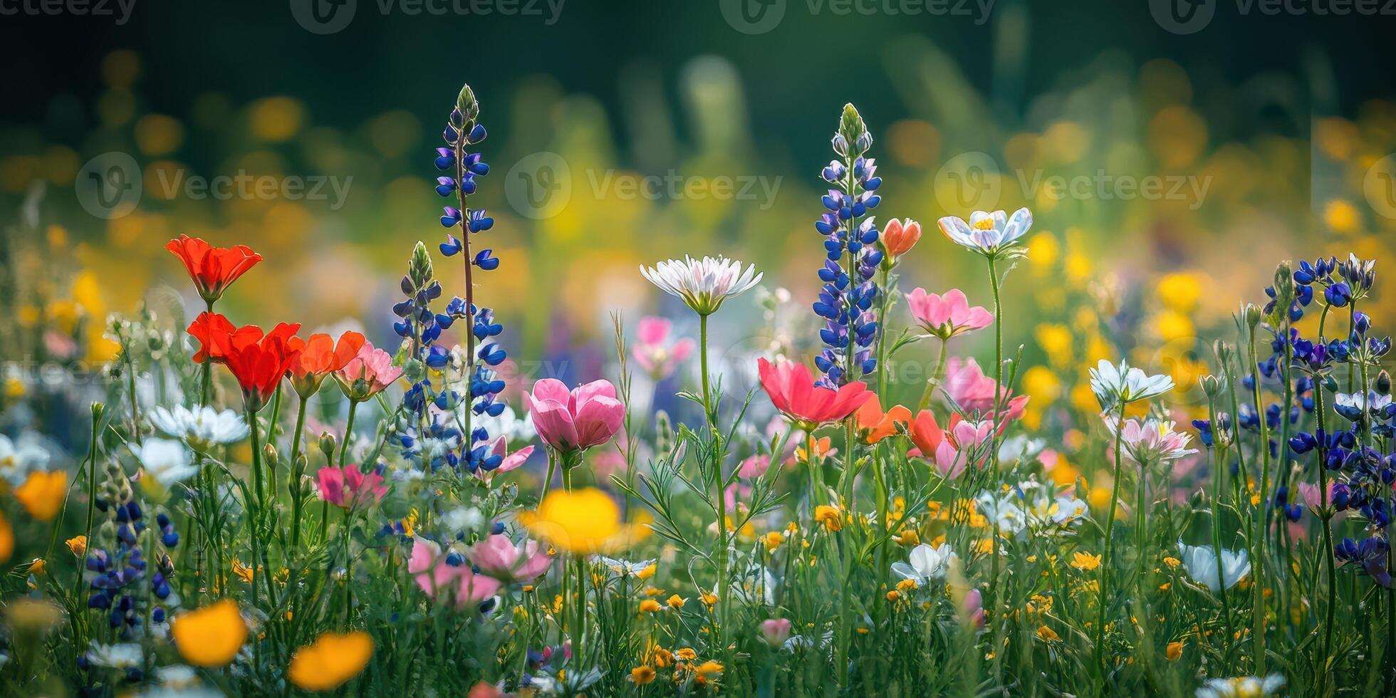 Colorful wildflower meadow blooming under sunny skies in springtime photo
