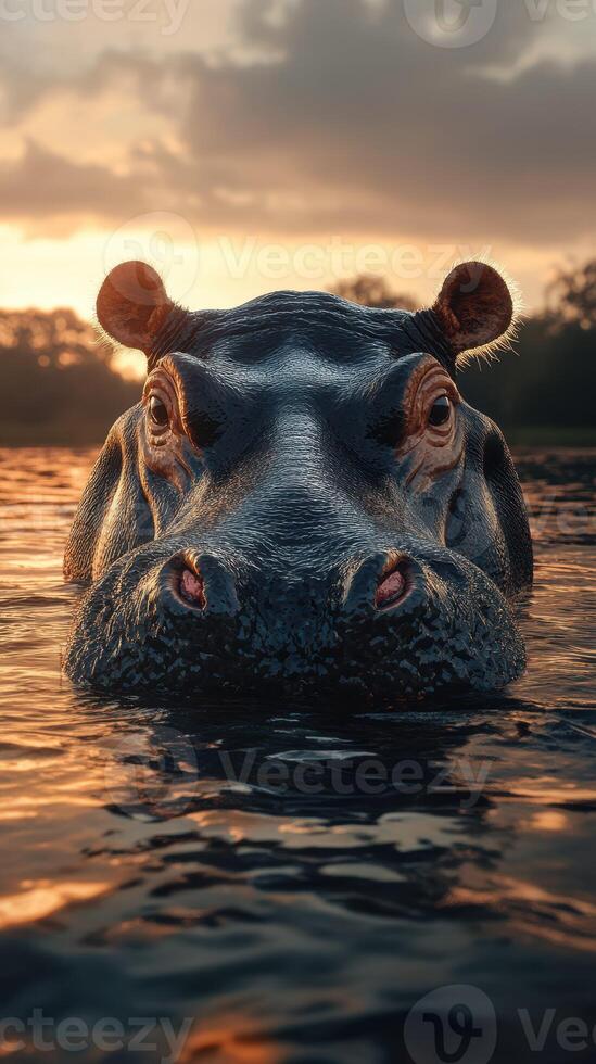 Hippo emerging from the water at sunset, showcasing calm demeanor in a serene natural habitat photo