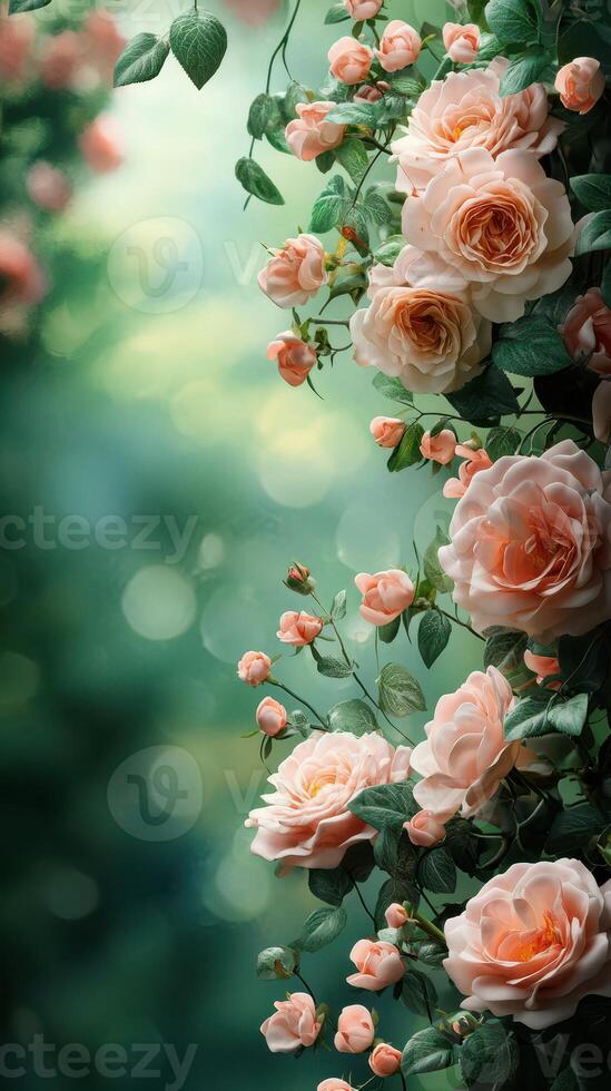 Beautiful arrangement of pink roses and buds against a blurred green background in a serene garden setting during daytime photo