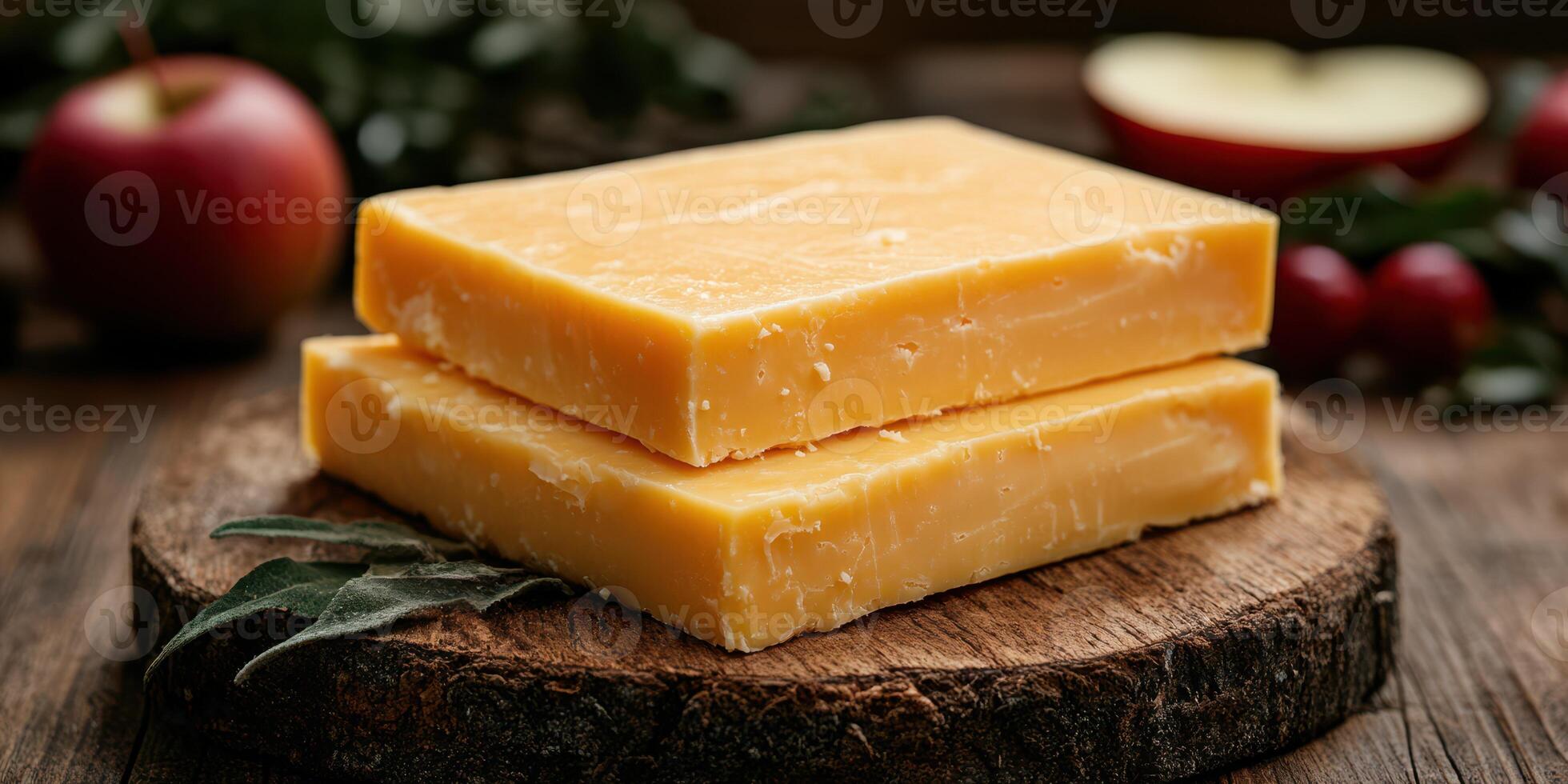 Freshly cut cheddar cheese on a wooden board with apples and greenery in a rustic setting photo