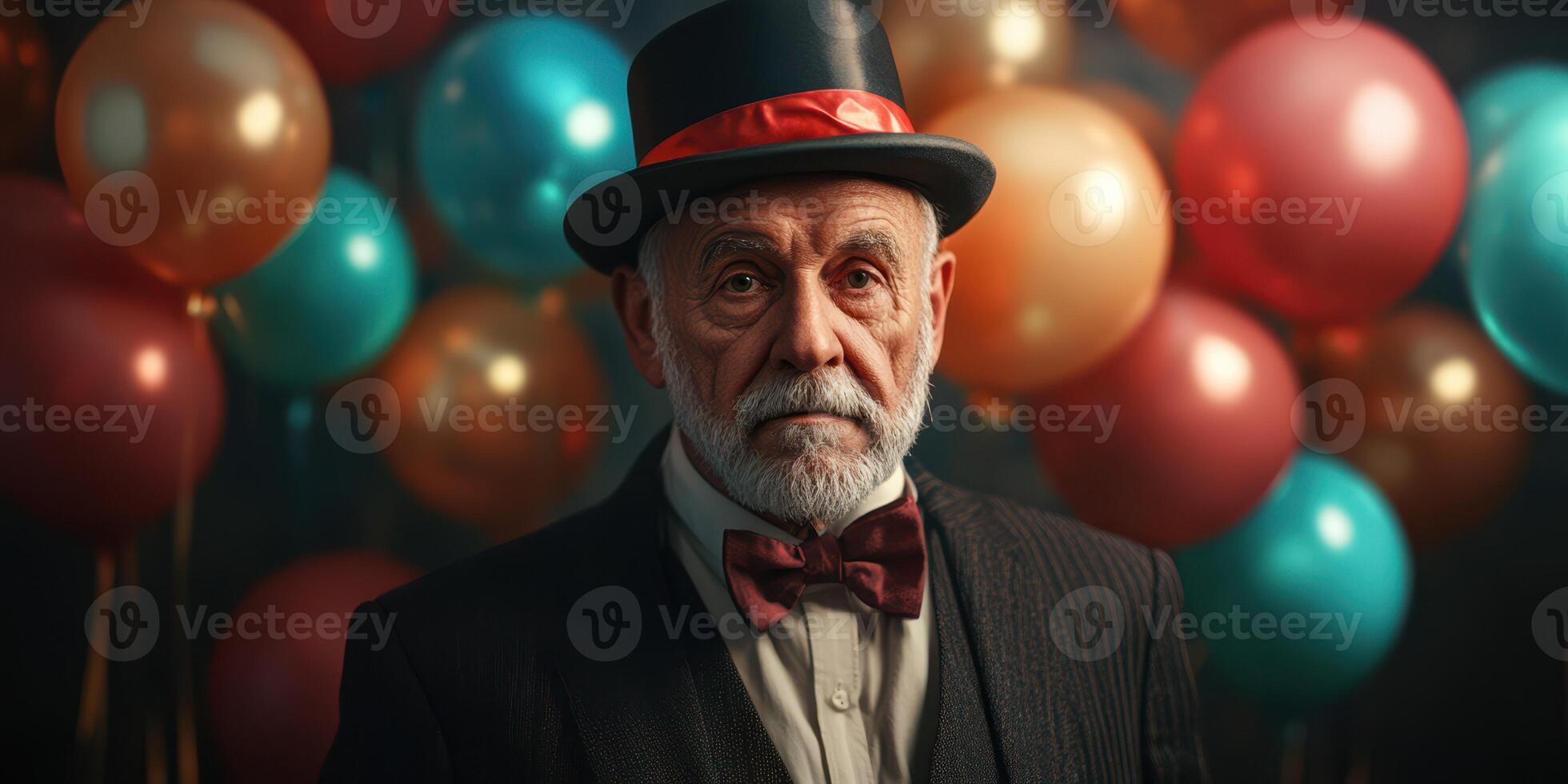 Portrait of an elderly man wearing a top hat and bow tie surrounded by colorful balloons at a festive gathering photo