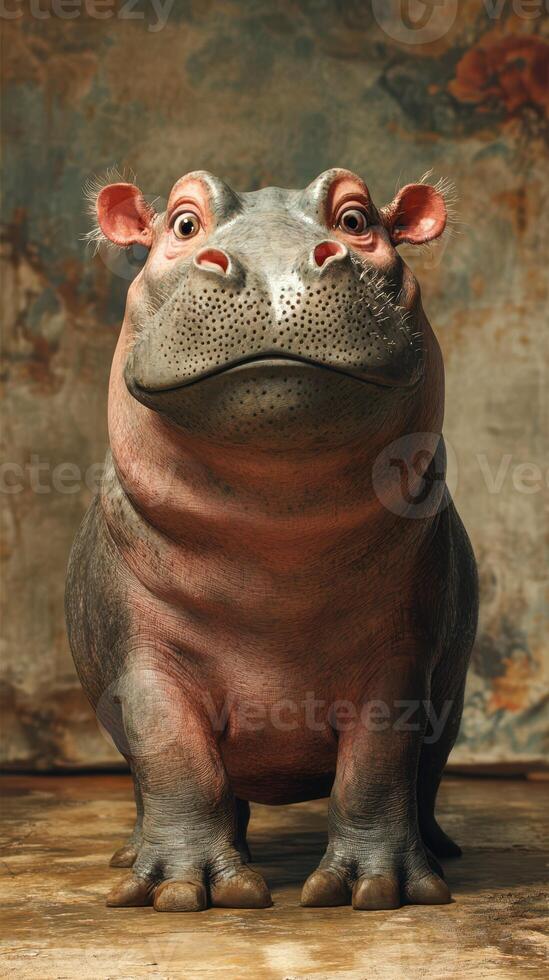 Hippo in a warm-toned indoor setting with textured background showcasing its unique features and expressive eyes photo