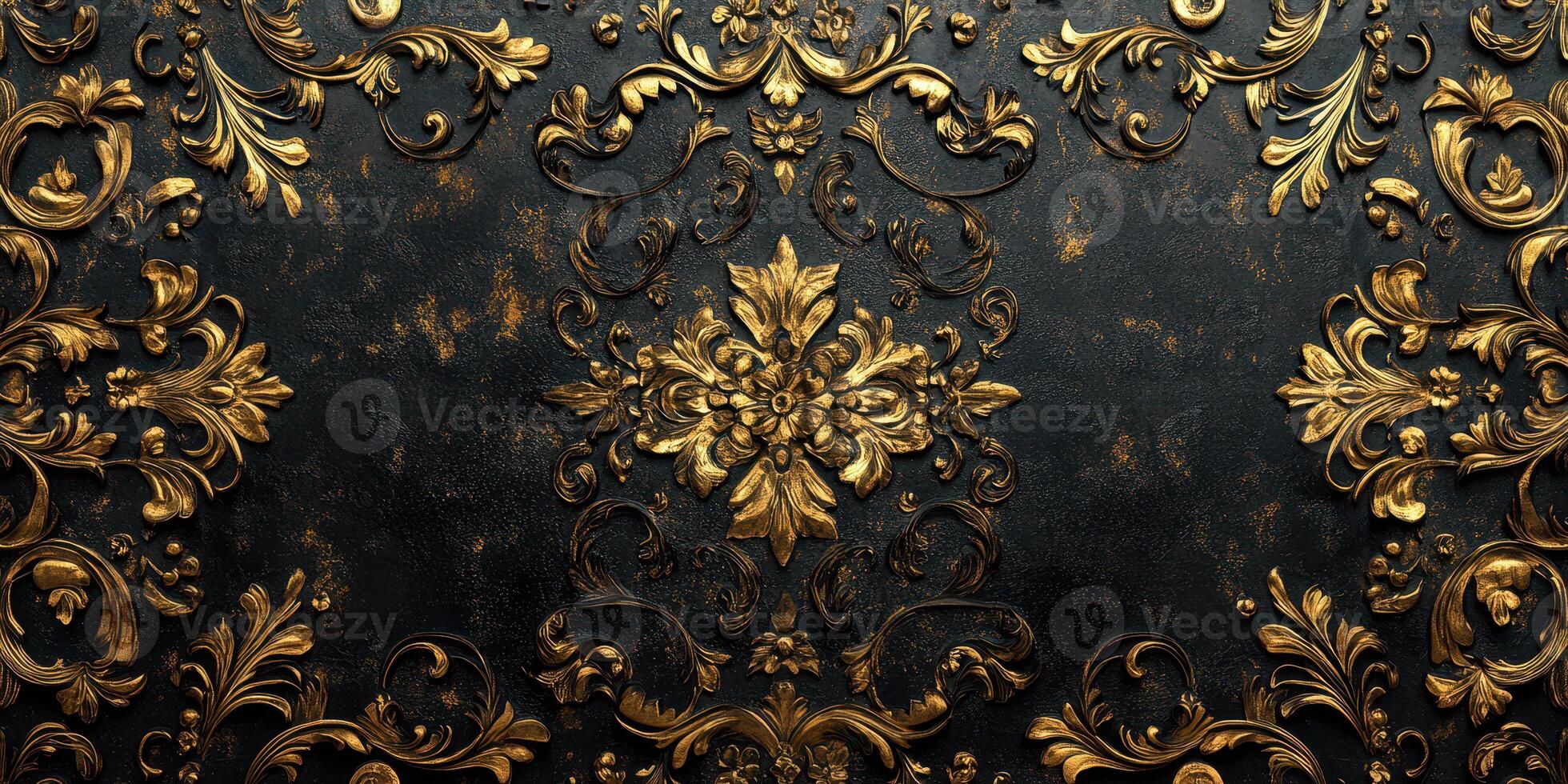 Elegant wall design showcasing intricate golden patterns on a dark surface in an upscale interior setting photo