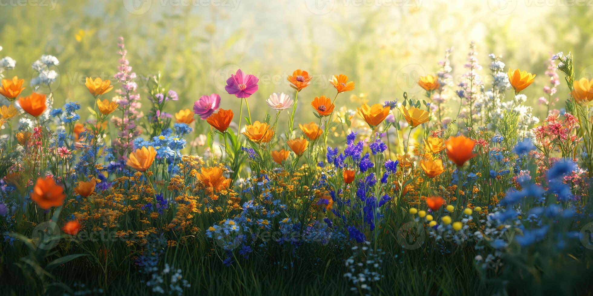 Colorful wildflower meadow in sunlight during spring season near a forest, showcasing a vibrant array of floral beauty and natural serenity photo