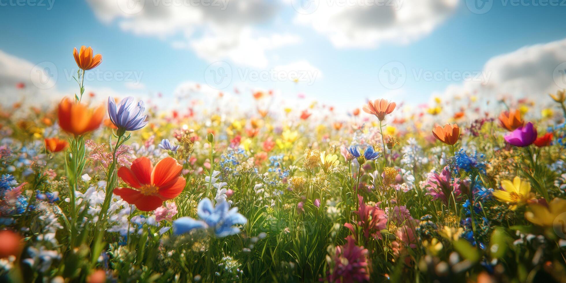 Colorful wildflower meadow in full bloom under a bright blue sky during a sunny spring day photo