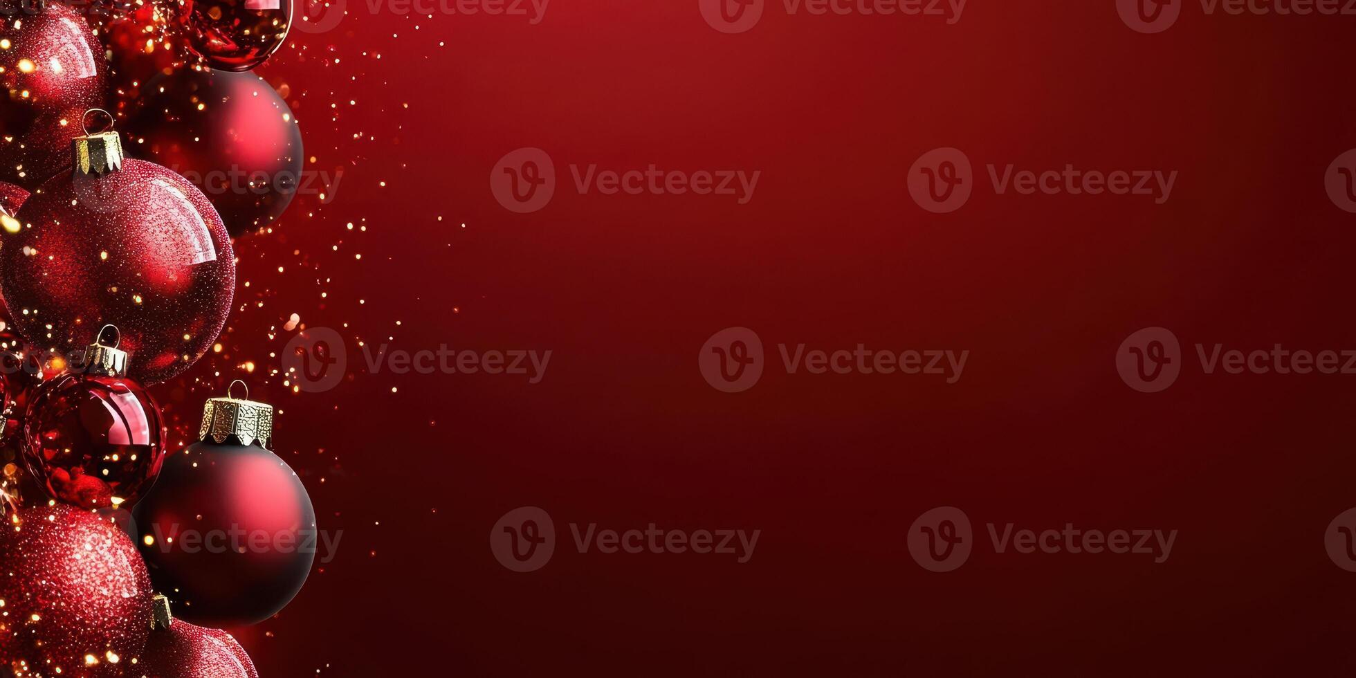 Beautiful red Christmas ornaments shining against a rich red background for festive holiday decor photo