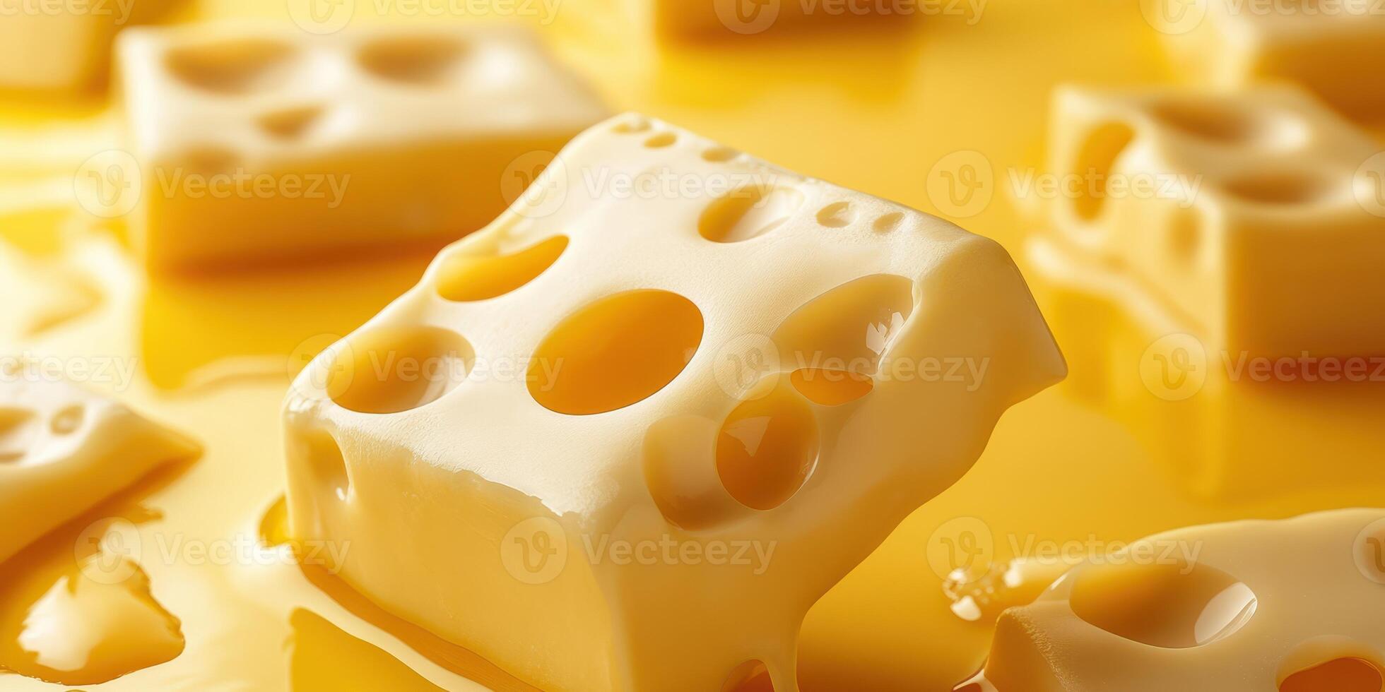 Silky cheese blocks melting on a warm surface with a rich yellow hue and holes creating a textured appearance during a culinary presentation photo