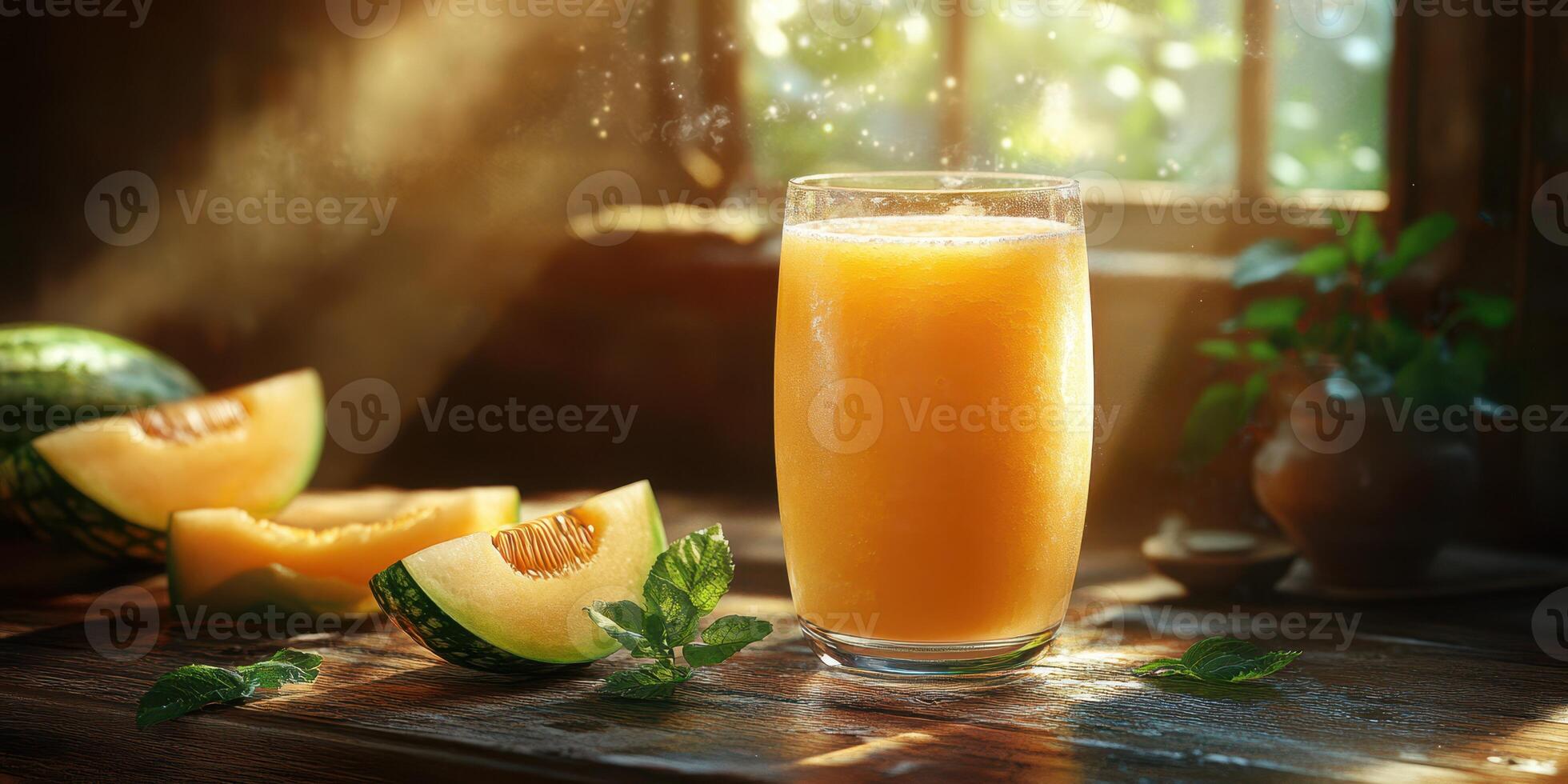 Refreshing melon juice served in a glass beside sliced melons and mint leaves in a sunlit kitchen photo