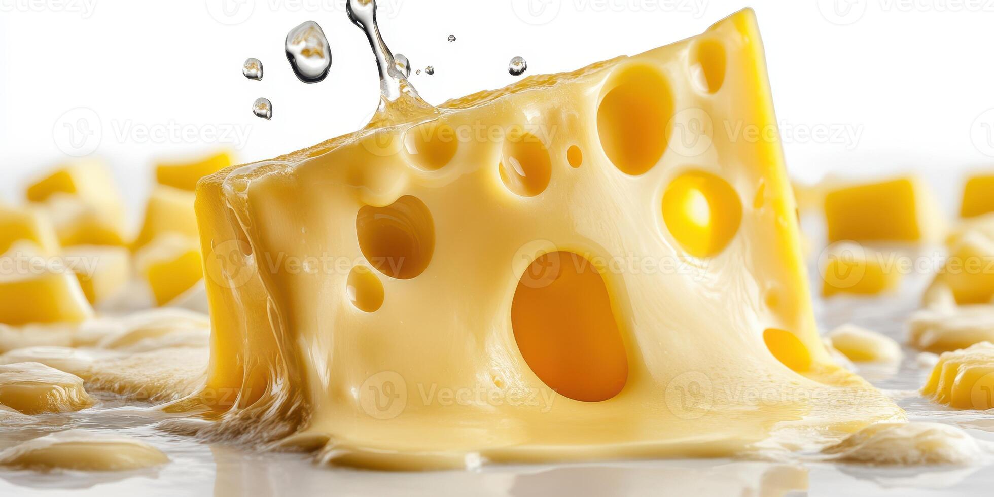 Cheese block splashing with droplets surrounded by diced cheese on a bright surface photo