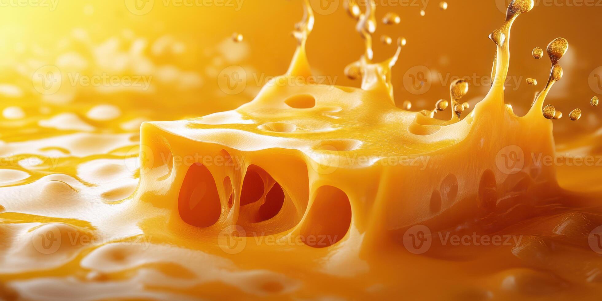 Cheese block splashing in melted cheese sauce creating a vibrant, delicious scene in warm lighting photo