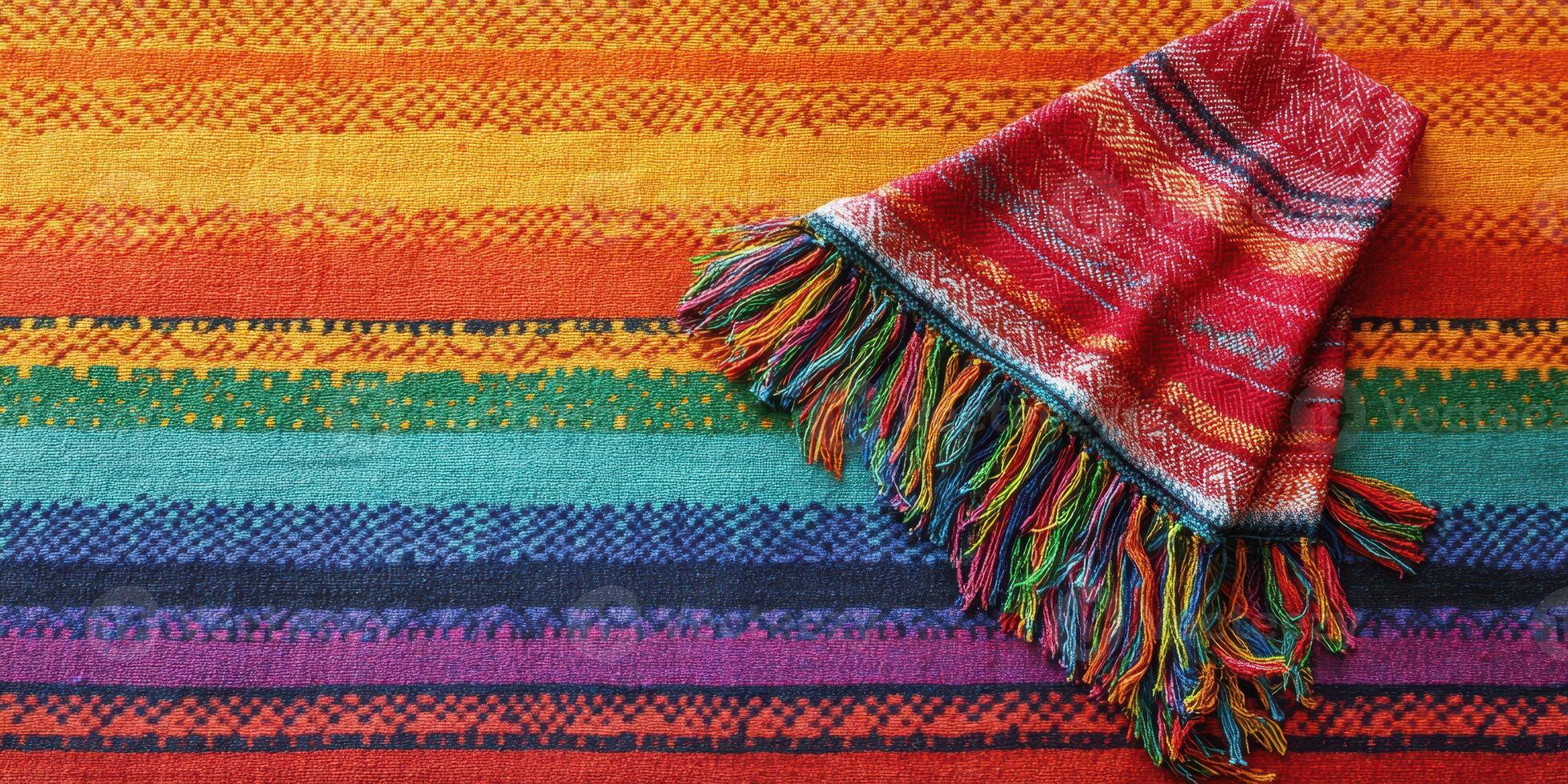 Brightly colored woven blanket displayed on a vibrant textile background showing intricate patterns and warm hues photo