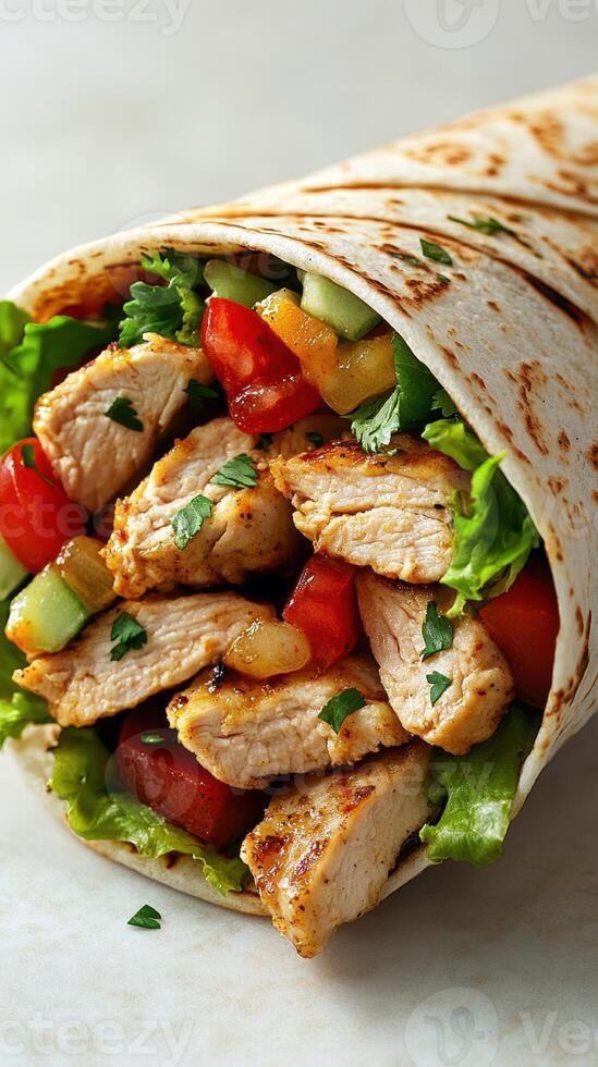 Grilled chicken wrap filled with fresh vegetables and herbs on display during lunchtime preparation photo