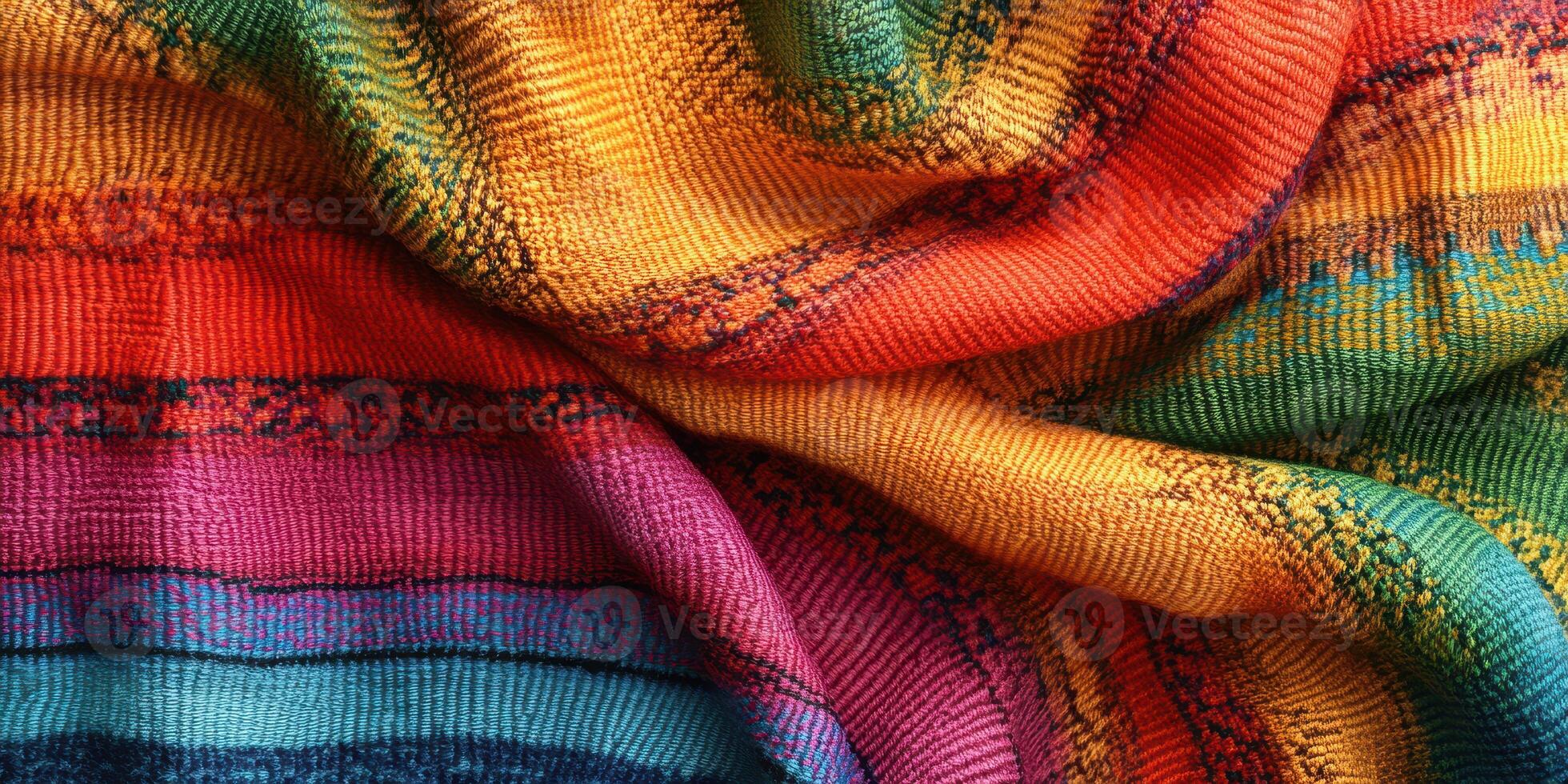 Colorful woven blanket showcases vibrant patterns and textures perfect for cozy settings and artistic displays photo