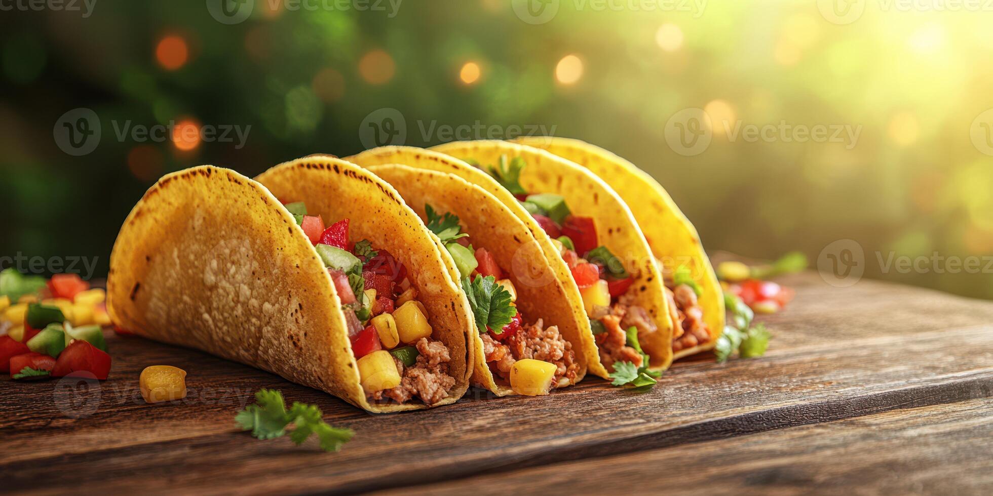 Tasty tacos filled with fresh ingredients served on a rustic wooden table in a vibrant outdoor setting photo