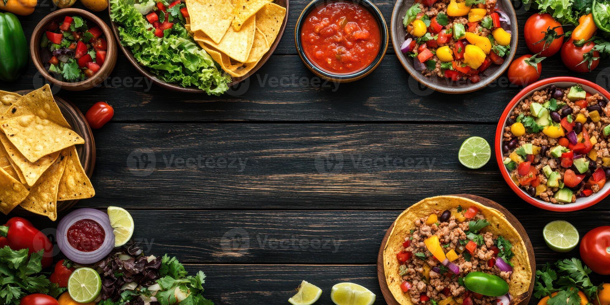 Colorful spread of fresh Mexican dishes with vibrant ingredients on a wooden table for a festive gathering photo