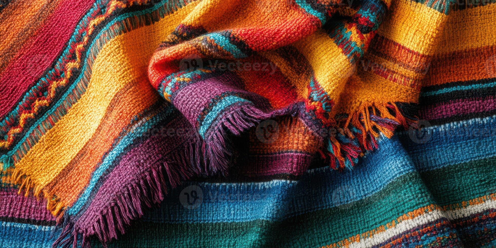 Colorful woven blanket showcasing intricate patterns in vibrant hues and textures photo